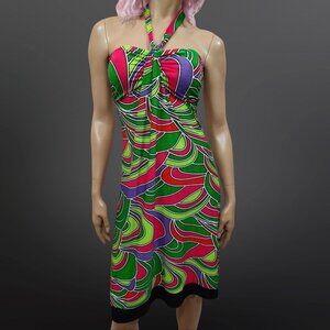 Y2K  Babydoll Halter Dress Size S Fairy Boho Colorful Rave Psychedelic Abstract